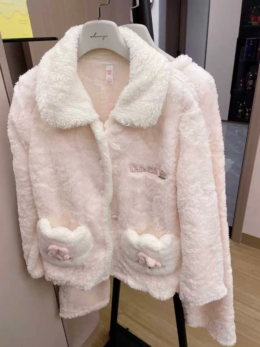 喔密哒秋冬珊瑚绒加厚双面雪妃绒绒保暖睡衣女甜美开衫家居服套装