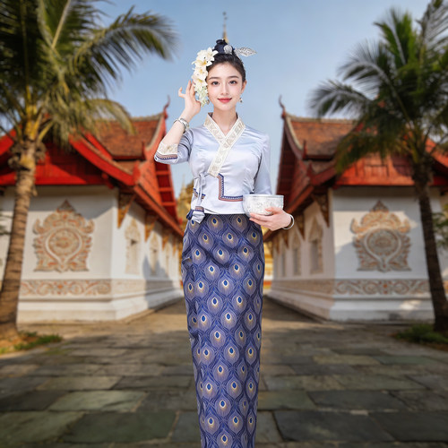 傣族服装女传统云南版纳孔雀蓝