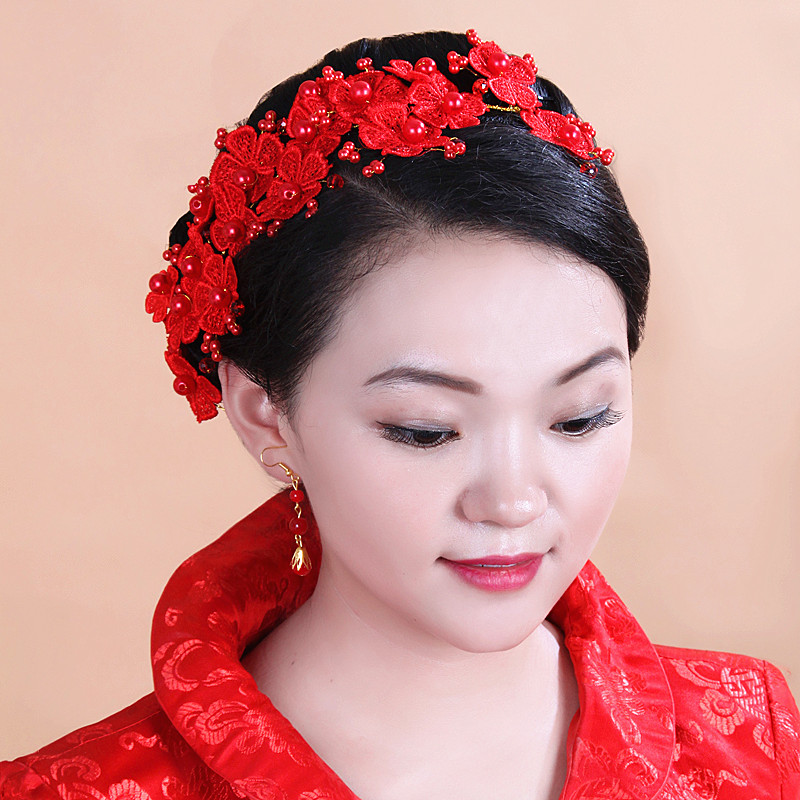 新娘头饰饰品中式红色发饰布艺结婚头花发箍婚纱礼服敬酒服婆婆花