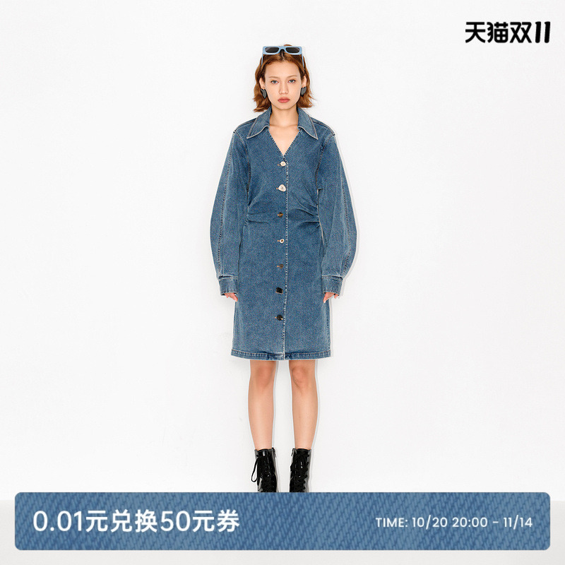 MASFER.SU连衣裙女春秋新款牛仔拼接翻领灯笼袖长袖收腰中长裙