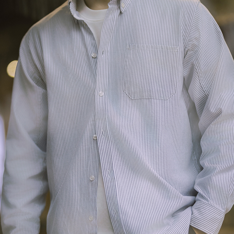 免烫条纹衬衫长袖尖领美式休闲