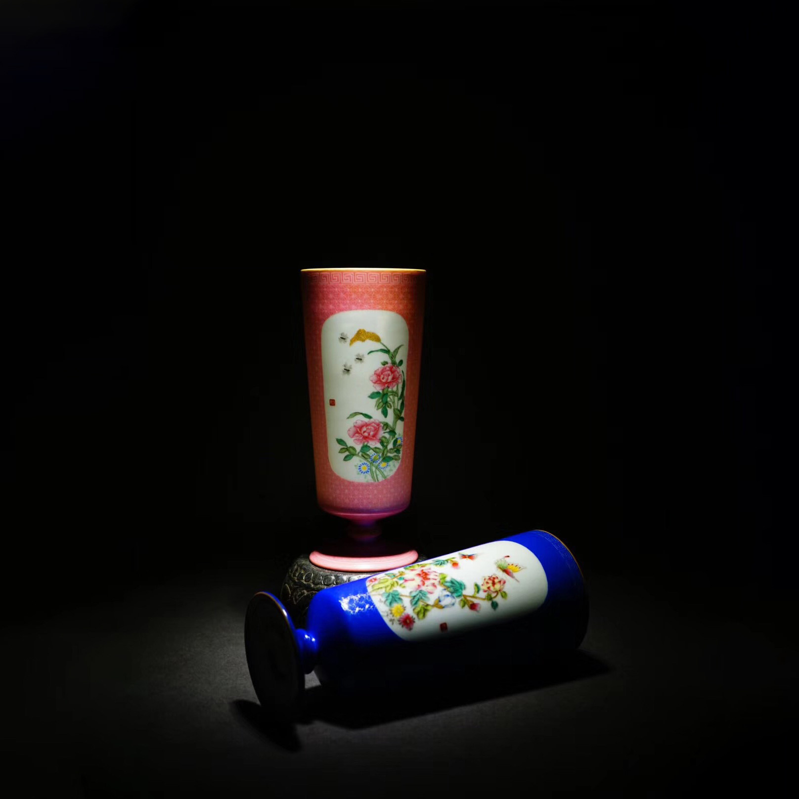 台湾隐樵山房胭脂红薄胎扒花粉彩单色釉高赏杯瓷器茶具摆件花瓶