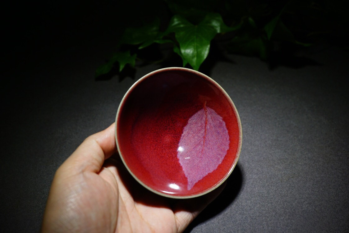 日本水出勝郎红釉木叶盏个人杯茶杯单色釉瓷器茶具非建盏天目盏