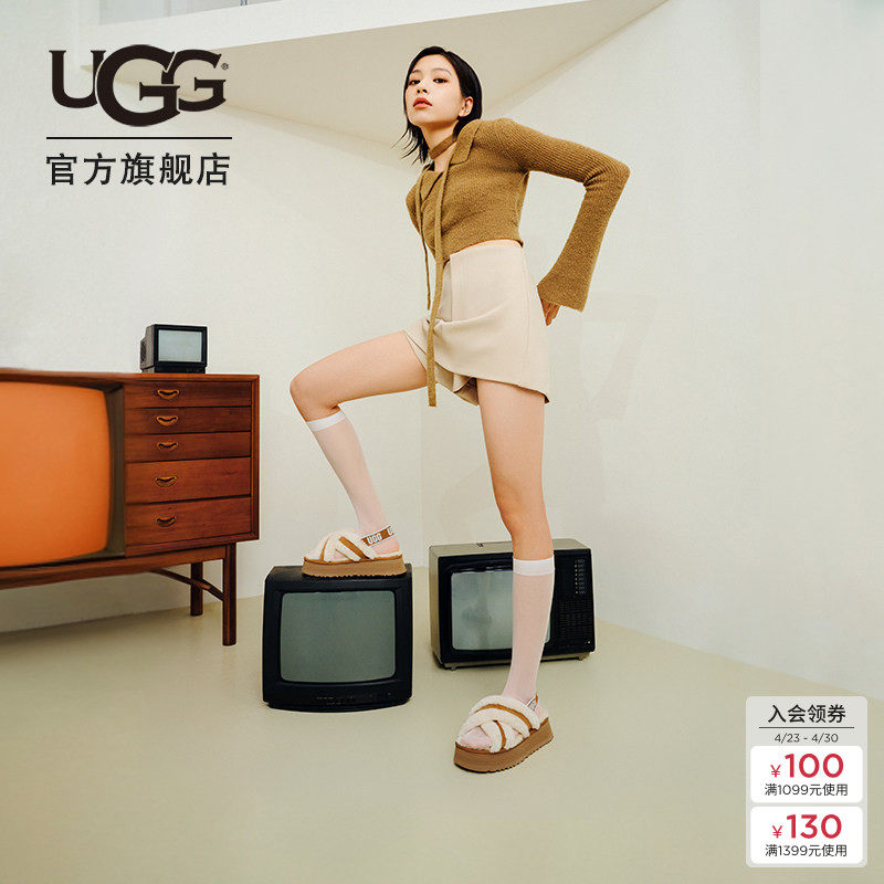 UGG春季女士休闲时尚交叉鞋面厚底舒适弹力束带毛毛凉鞋 1121550