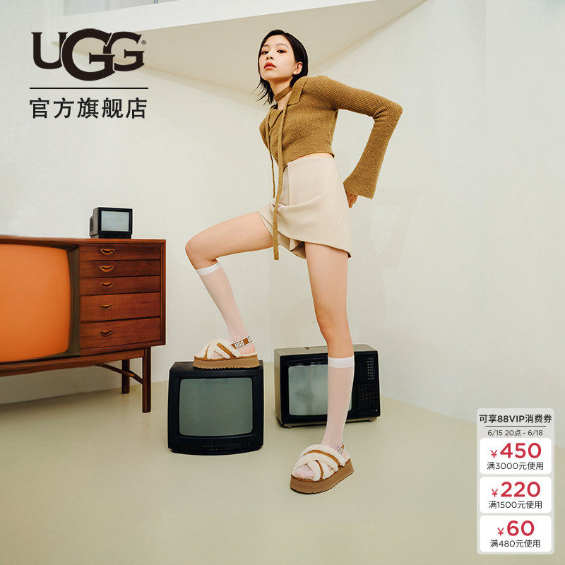UGG春季女士休闲时尚交叉鞋面厚底舒适弹力束带毛毛凉鞋 1121550