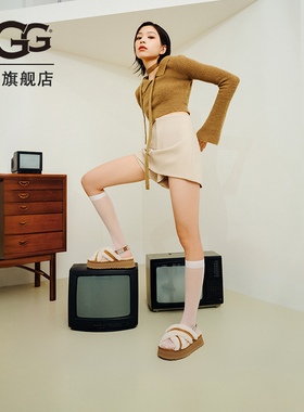 UGG春季女士休闲时尚交叉鞋面厚底舒适弹力束带毛毛凉鞋 1121550