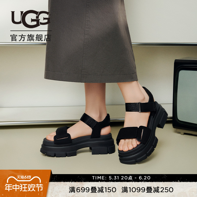 UGG夏季女士舒适粗跟厚底露趾魔术贴搭扣款休闲时尚凉鞋 1136764