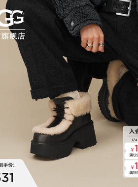 UGG秋冬新款女士舒适时尚厚底坡跟圆头溢毛系带雪地靴短靴1176110