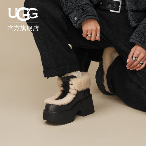 UGG厚底坡跟溢毛系带雪地靴短靴