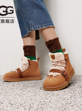 UGG秋季男女同款时尚舒适保暖系带平底经典休闲毛茸款短靴1153510