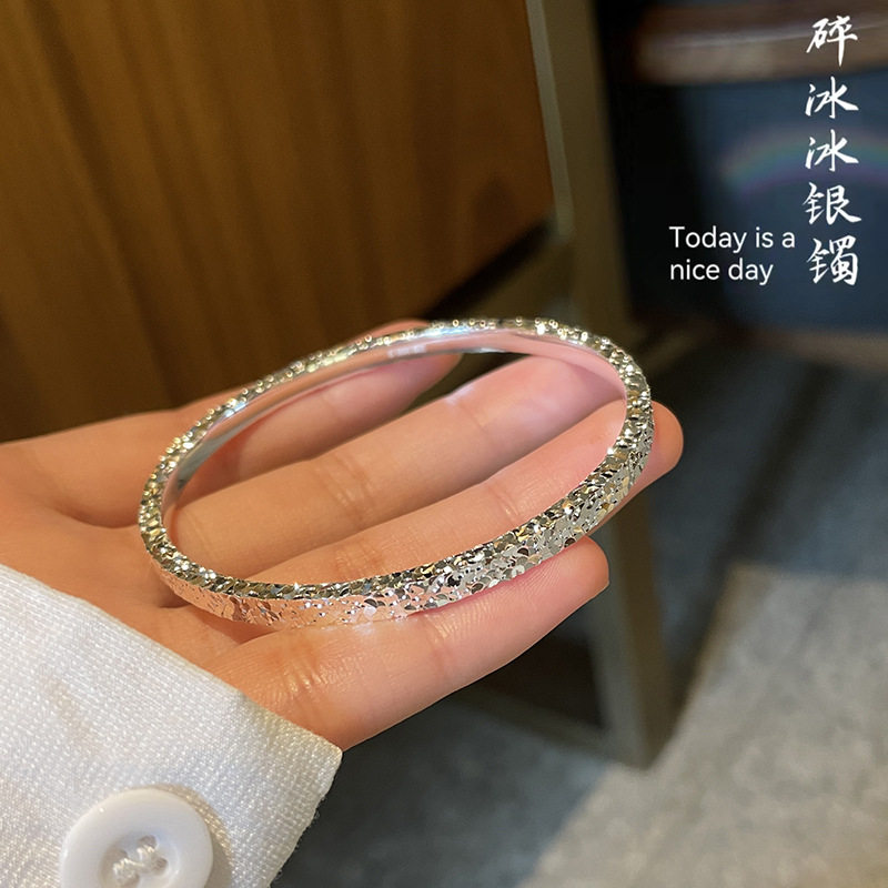 四方三面碎冰冰纯银手镯女 999足银实心ins年轻款细款闭口银手镯
