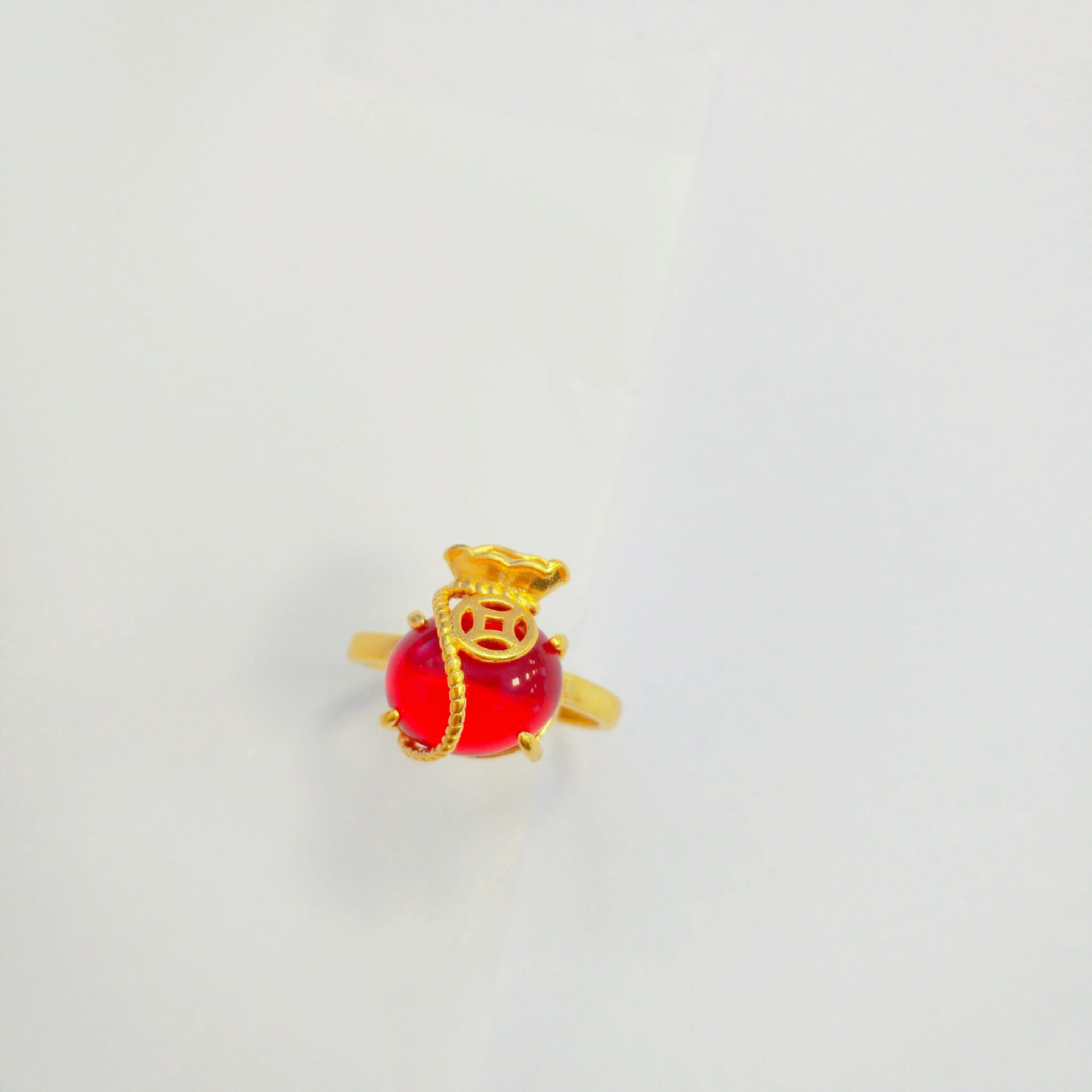 越南沙金钱币福袋戒指 黄铜镀金中式福袋开口戒指可调节