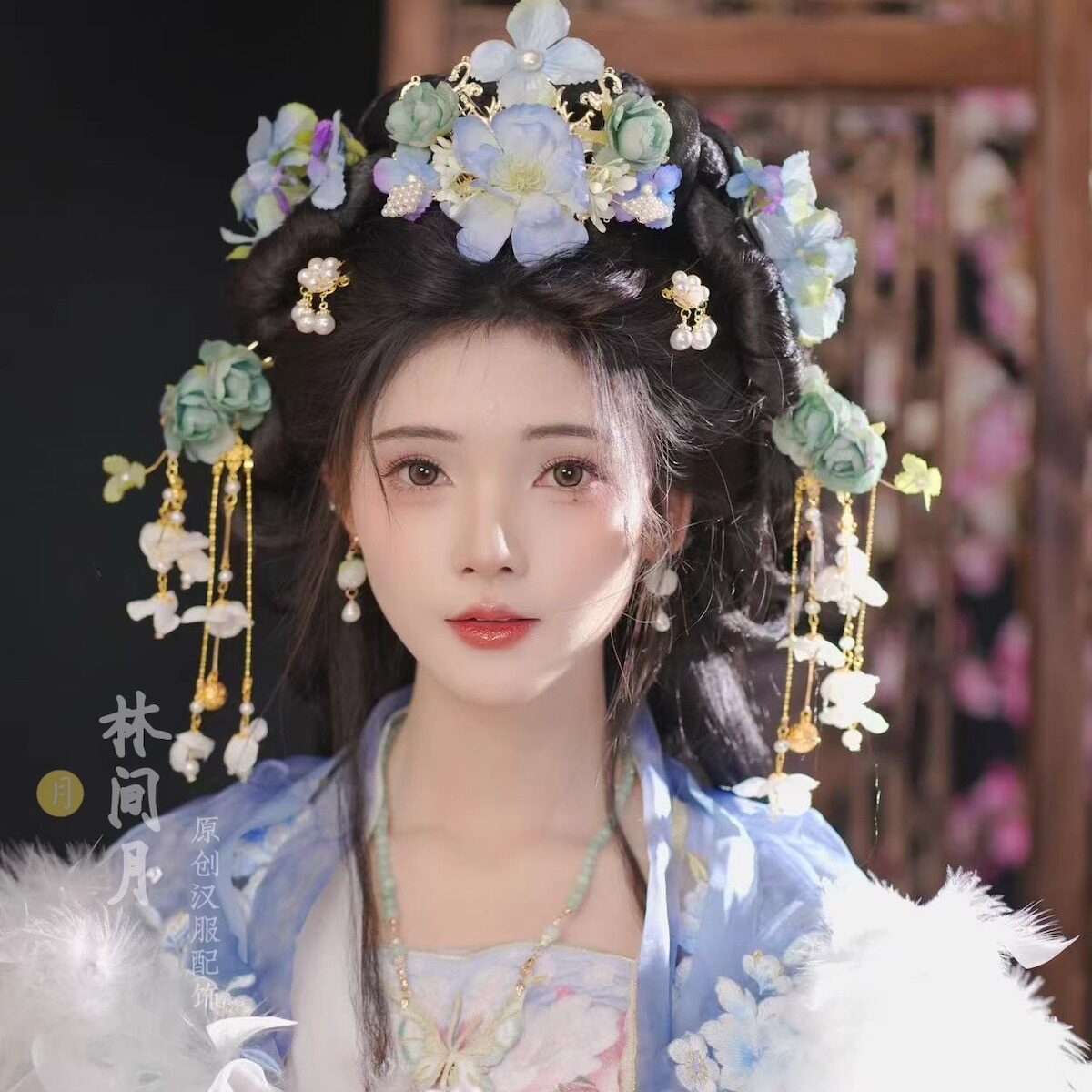 林间月原创【蓝花楹】春天花神绢花发冠套装流苏发饰发簪汉服配饰