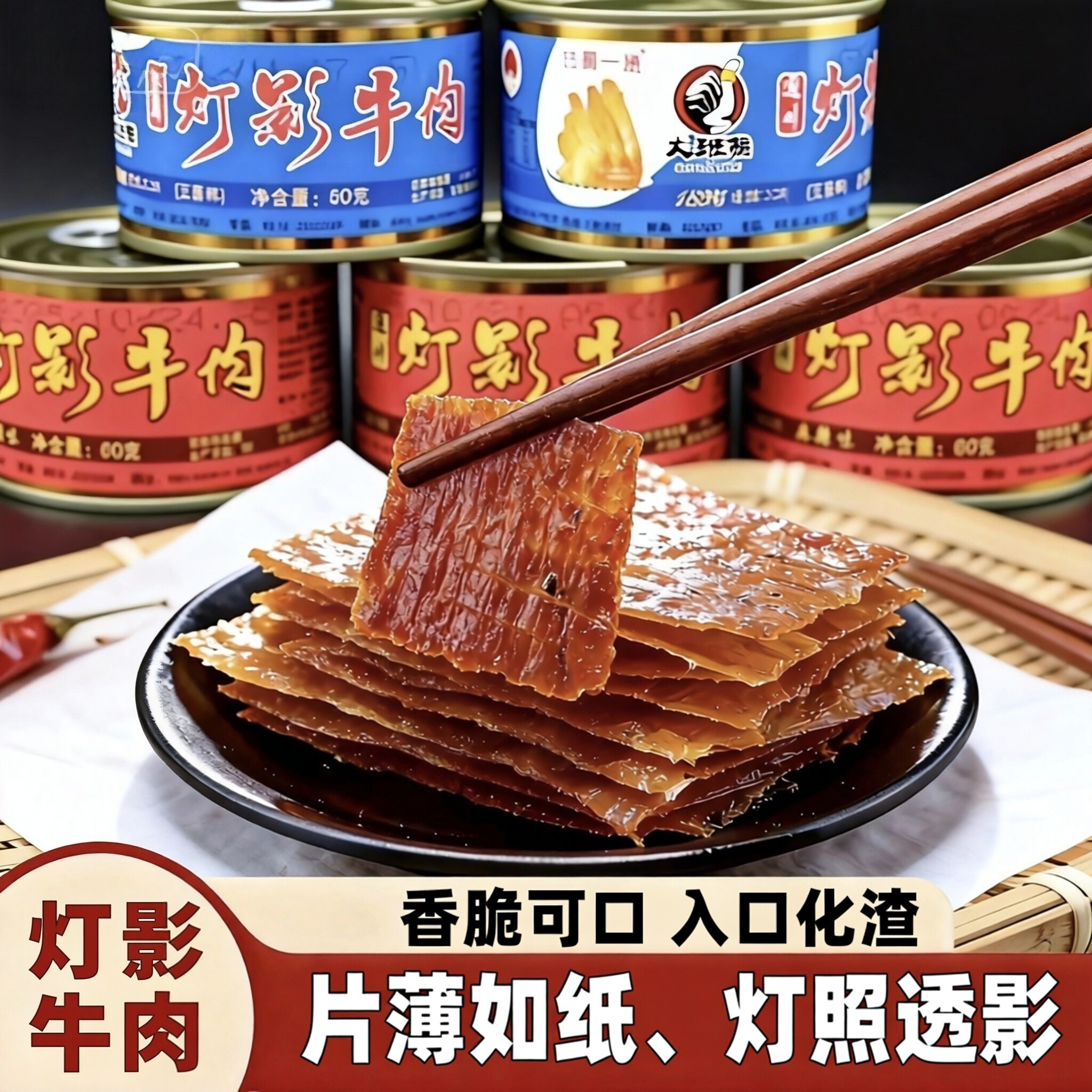四川达州特产大班指灯影牛肉60g&times;5罐装五香/麻辣味牛肉片干零食