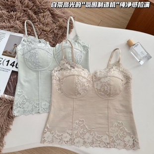 古妃新款V领法式蕾丝中长款细带吊带大码美背抹胸文胸打底内衣女