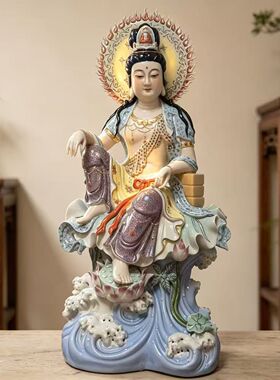 手工彩绘坐莲观音家居工艺陈设