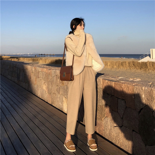 Winter warmth preservation fur waistcoat + high collar bottom knitted sweater + loose waist broad-legged trousers three sets