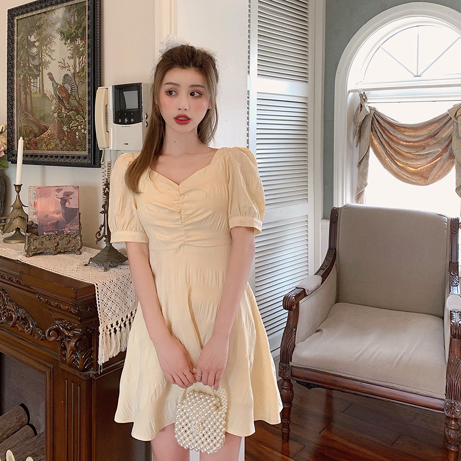 Real photo real price French light yellow V-neck Chiffon Dress super fairy collection waist skirt