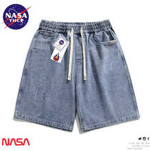 五分裤 NASA联名蓝色牛仔裤 短裤 薄款 复古水洗直筒裤 男ins潮牌夏季