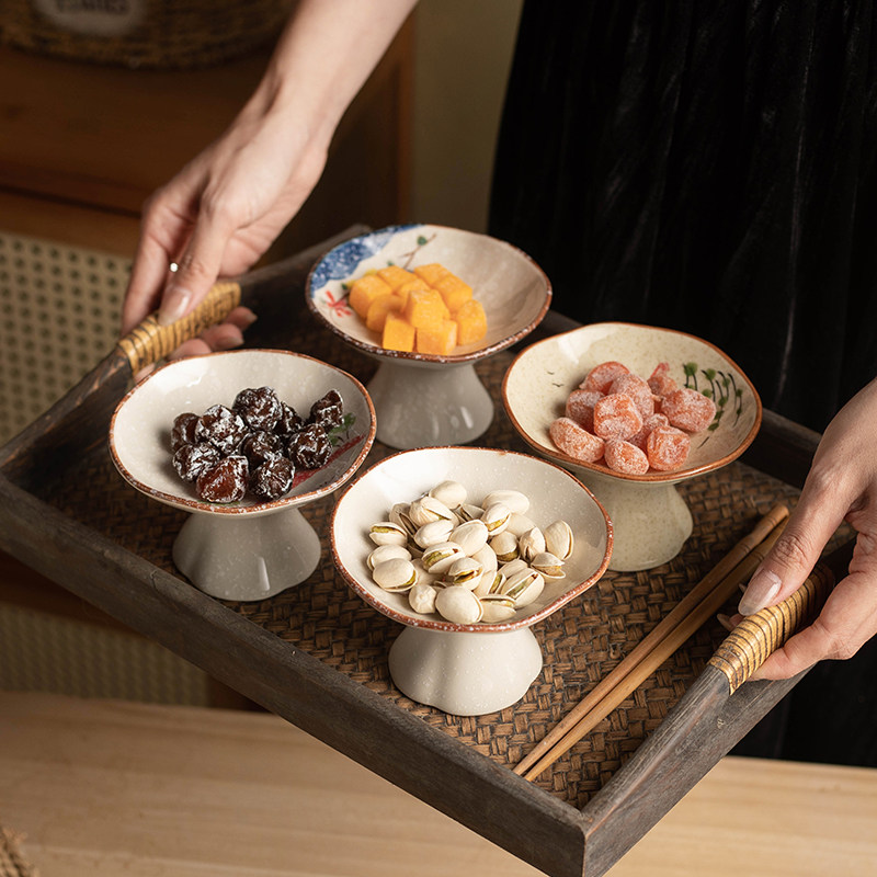 釉下彩复古陶瓷高脚高足糕点下午茶小吃小菜摆盘干果餐厅茶点碟子