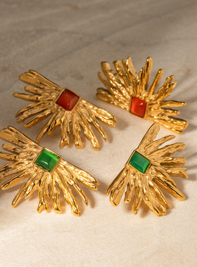 ins18k金不锈钢耳钉独特设计感红色猫眼石半圆太阳形钛钢耳环