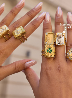 不锈钢相片盒金戒指小众感仿钛钢手饰欧美跨境饰品rings