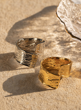 18K镀金可调节不锈钢戒指皱纹时尚珠宝手戒指女式百搭小众INS戒指