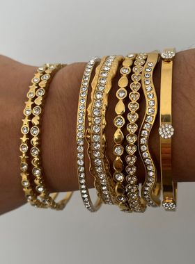 欧美满钻手镯不掉色环保手环轻奢感金镯子仿真不锈钢饰品