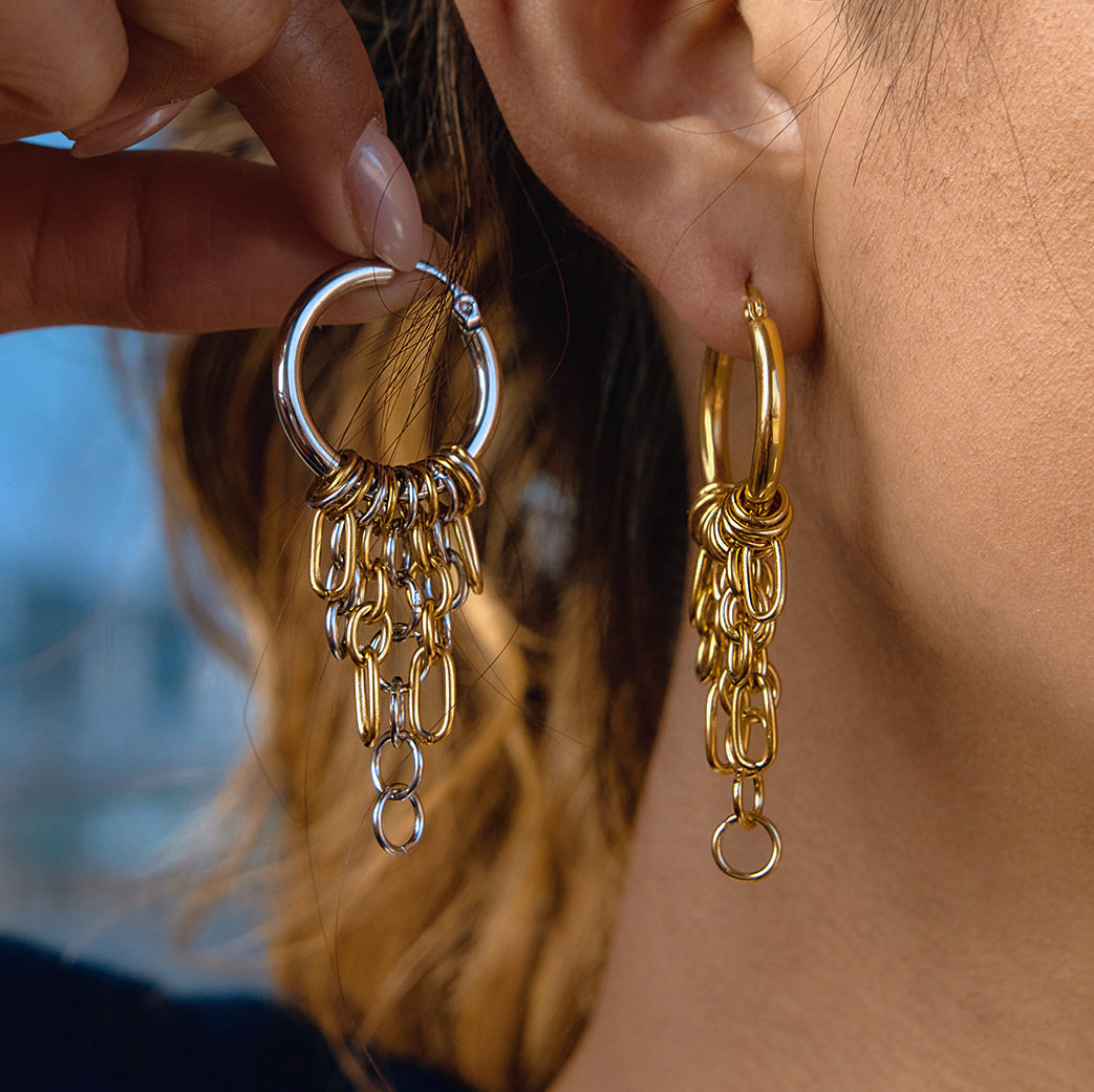 欧美不锈钢链条流苏耳环轻奢感耳饰女素耳圈钛钢跨境饰品