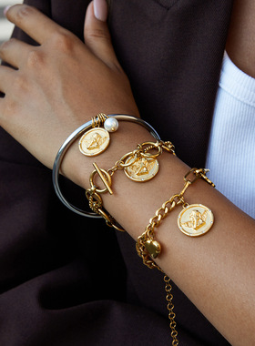 原创硬币系列钛钢手链复古感首饰不掉色不锈钢饰品女跨境