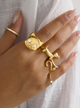 猫咪钛钢锆石戒指轻奢感指环不锈钢跨境饰品女欧美rings