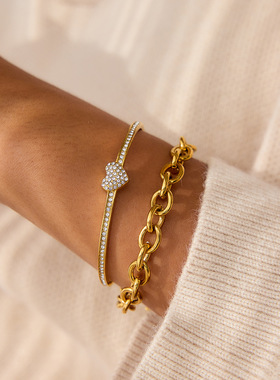 钛钢手镯爱心水钻开口镯子不掉色手饰不锈钢跨境情人节饰品