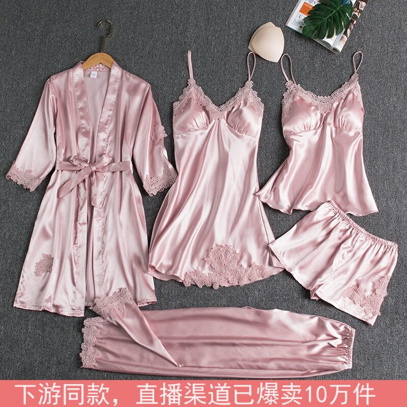 少女战舰春夏款睡衣女性感五件套丝绸薄款带胸垫吊带睡裙女士睡袍