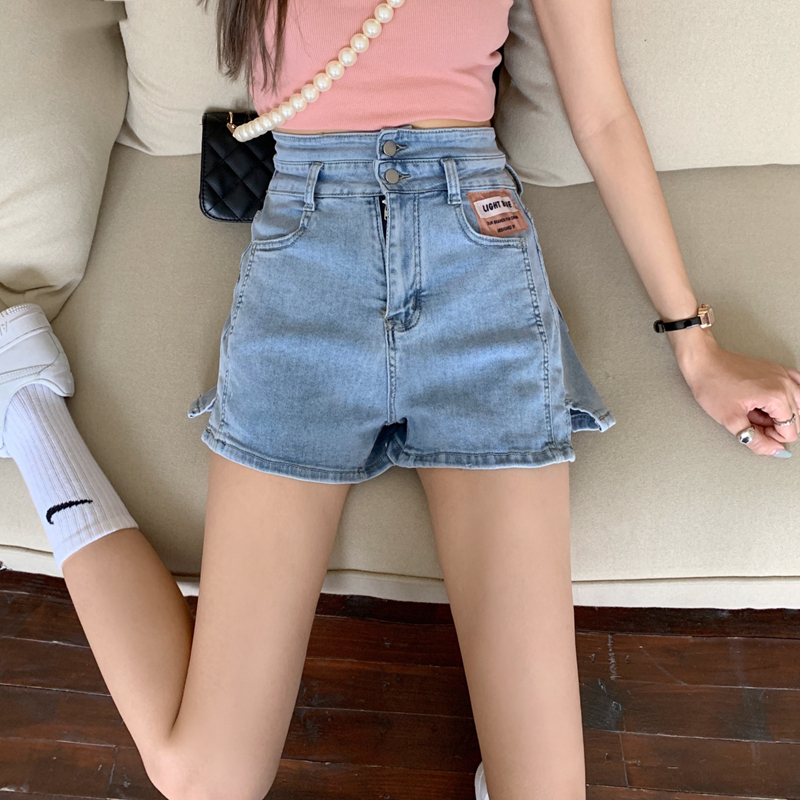 Real price ා summer new fashion high waist elastic denim shorts Korean version shows thin split hot pants trend