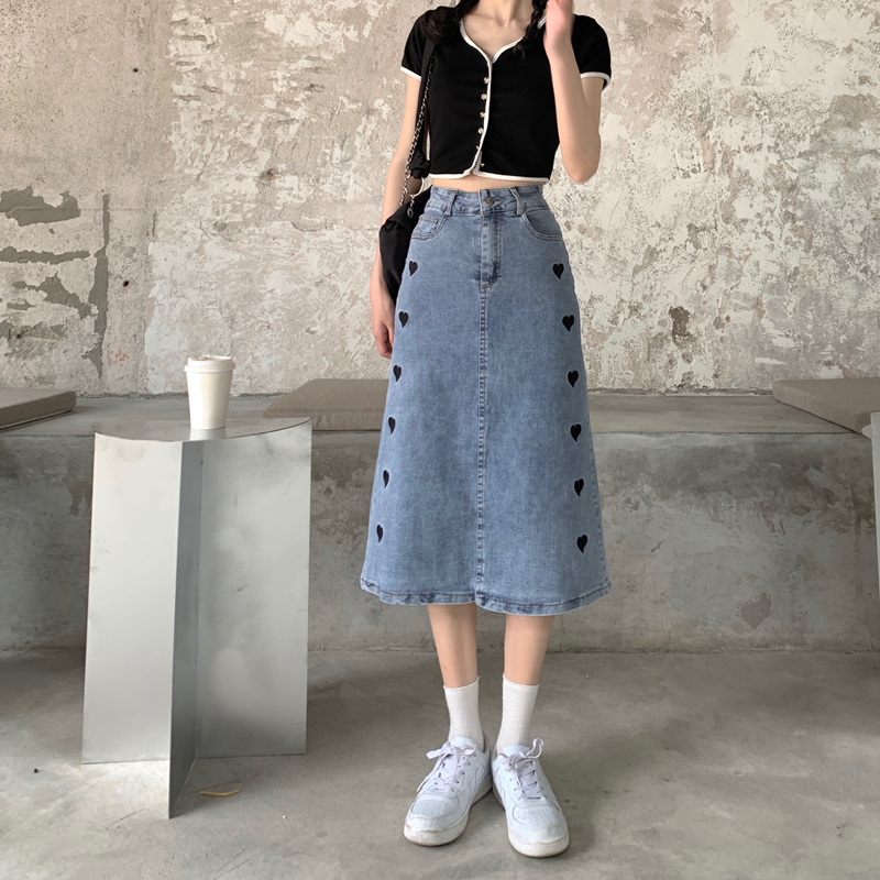 Real price: love denim skirt women's high waist mid length slim split A-line hip long skirt