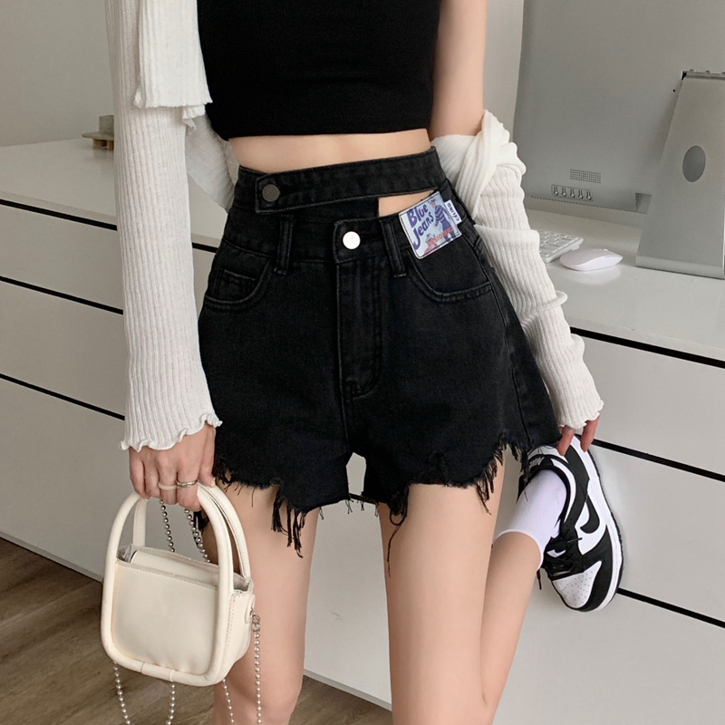 Real shot real price fried Street denim shorts women's super high waist loose wide leg A-line rough edge design pants