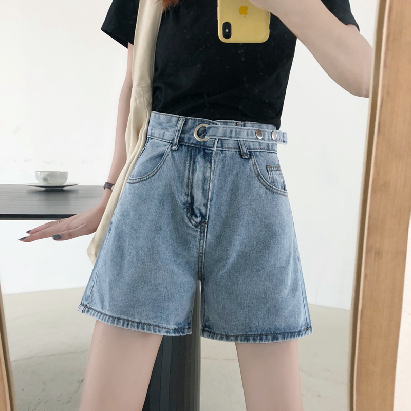 Hong Kong style retro chic denim shorts women's high waist loose and thin wide leg A-line hot pants