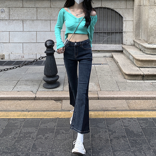 Real price autumn nine point color matching jeans women's flared pants high waist elastic thin slightly flared pants