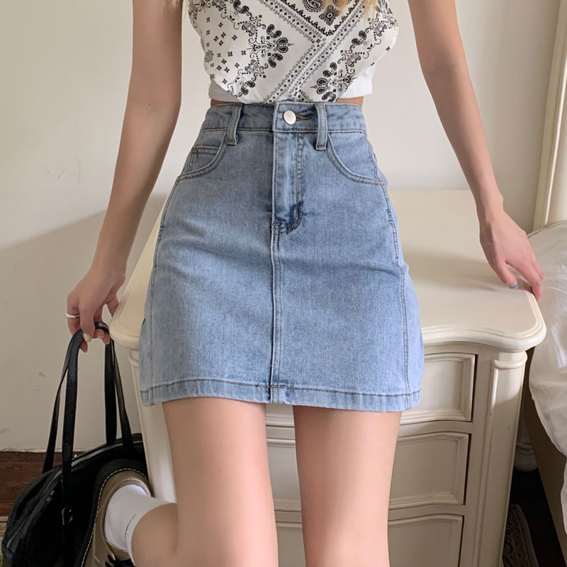 Real price ᦇ denim skirt skirt skirt women's fashion light color elastic high waist A-shape tight skirt with buttocks