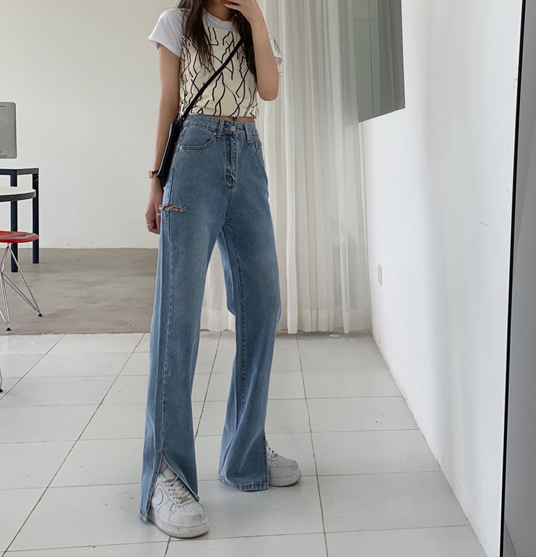 Real price ᦇ new perforated split jeans women's high waist slim wide leg loose straight pants pants