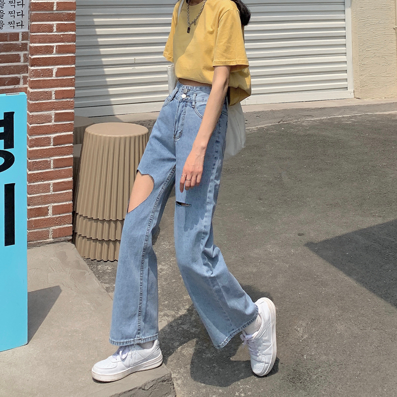 High waist love hole jeans women's straight tube loose show thin wide leg mop pants