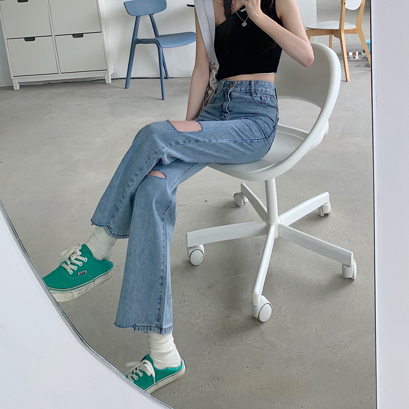 Real shot real price pierced jeans women's new fashion high waist straight tube loose net red wide leg pants