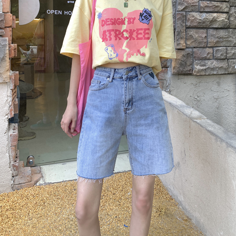 Five point jeans women's elastic high waist loose shorts show thin chic straight pants trend