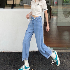 Real price show thin hole jeans women's high waist loose straight tube oblique buckle retro quarter pants fashion