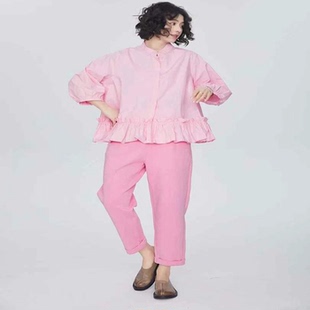 翠色嘉人2026春季新款减龄衬衫下摆花边小设计纯棉女上衣85013