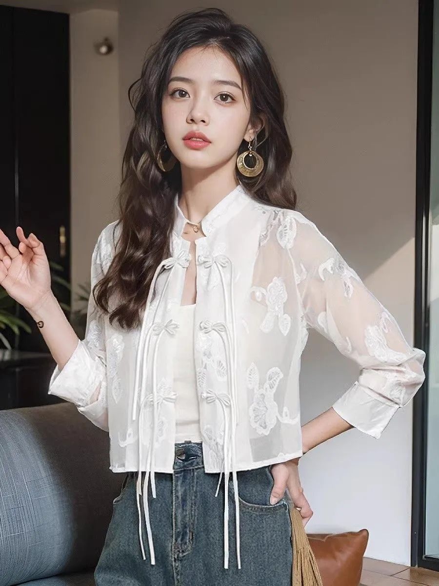 新中式国风雪纺长袖外套防晒衣女2024年夏季新款薄款透气开衬上衣