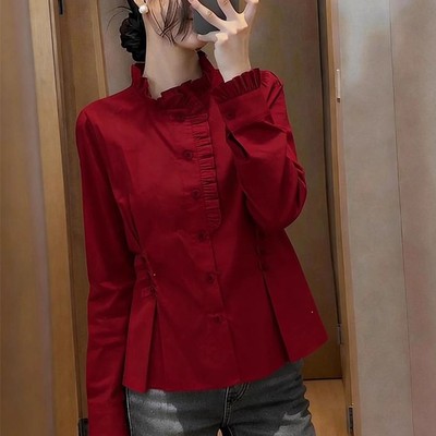 2025春秋新款法式小众设计感衬衫女收腰气质高级感红色显瘦上衣
