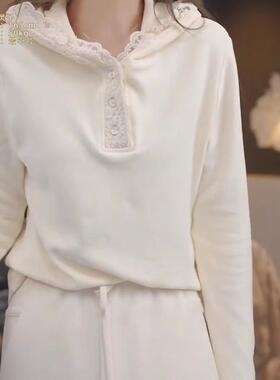 韩系温柔风蕾丝拼接连帽长袖毛衣针织衫时尚百搭套头打底衫上衣女