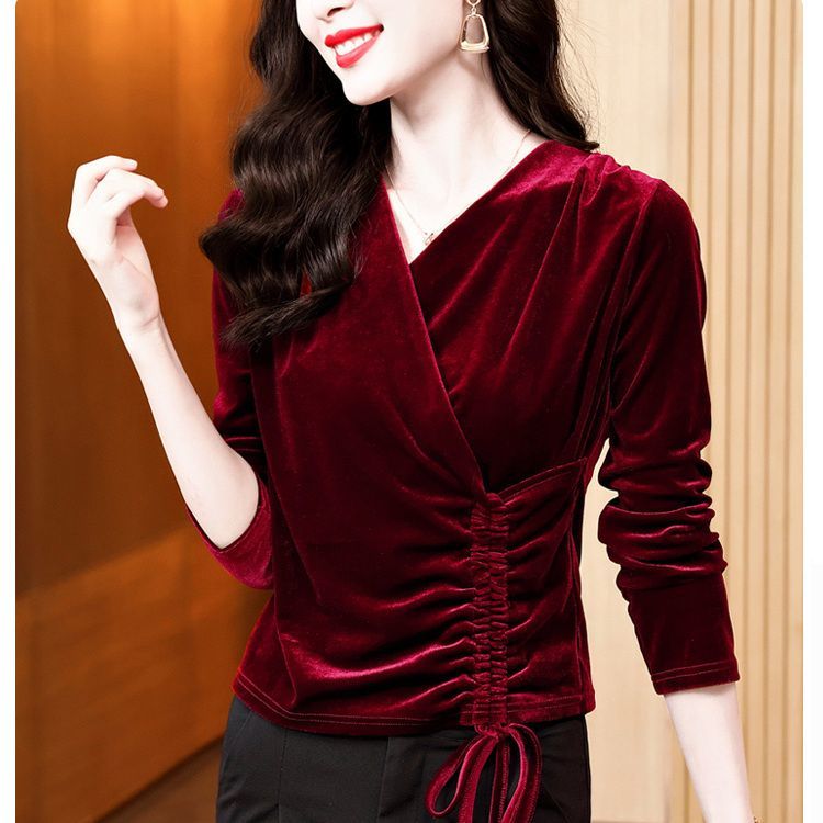 贵气金丝绒女上衣秋季新款交叉V领打底衫长袖T恤外穿收腰别致小衫