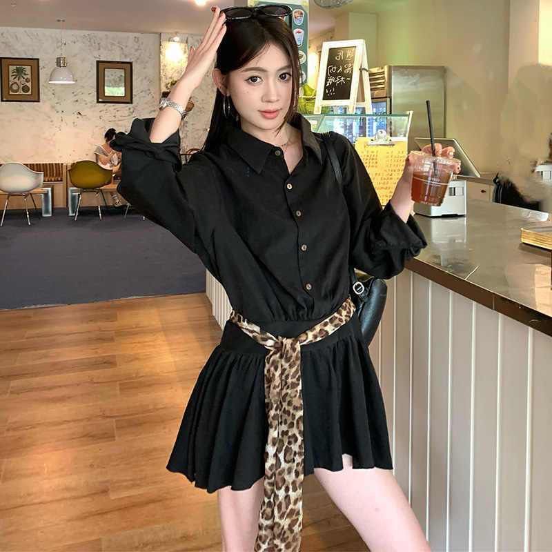 韩版2025春秋新款polo领长袖衬衫豹纹设计收腰百褶短裙气质连衣裙